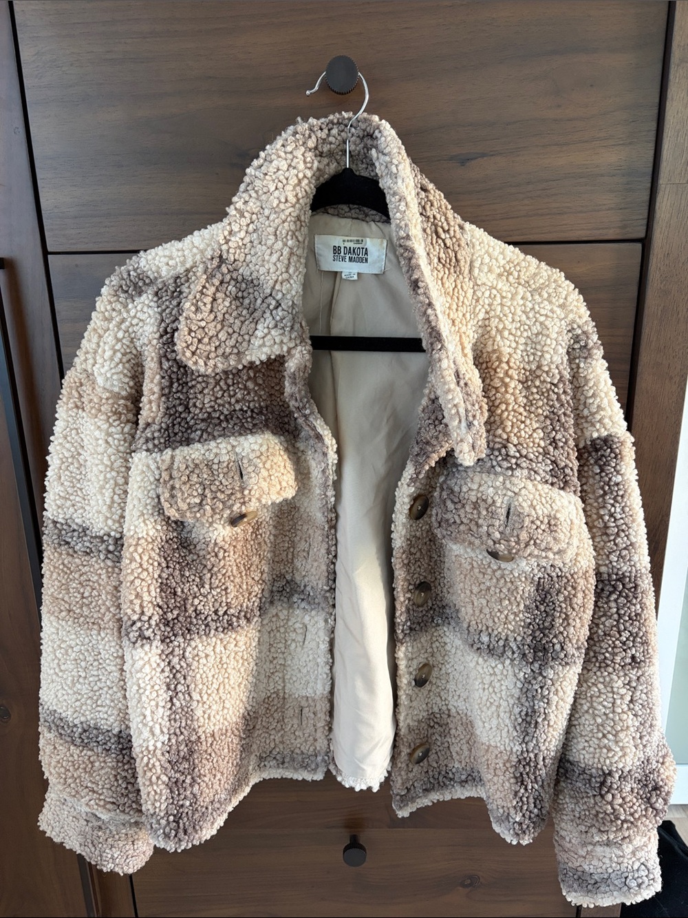 BB Dakota Cream and Tan Plush Sherpa Jacket